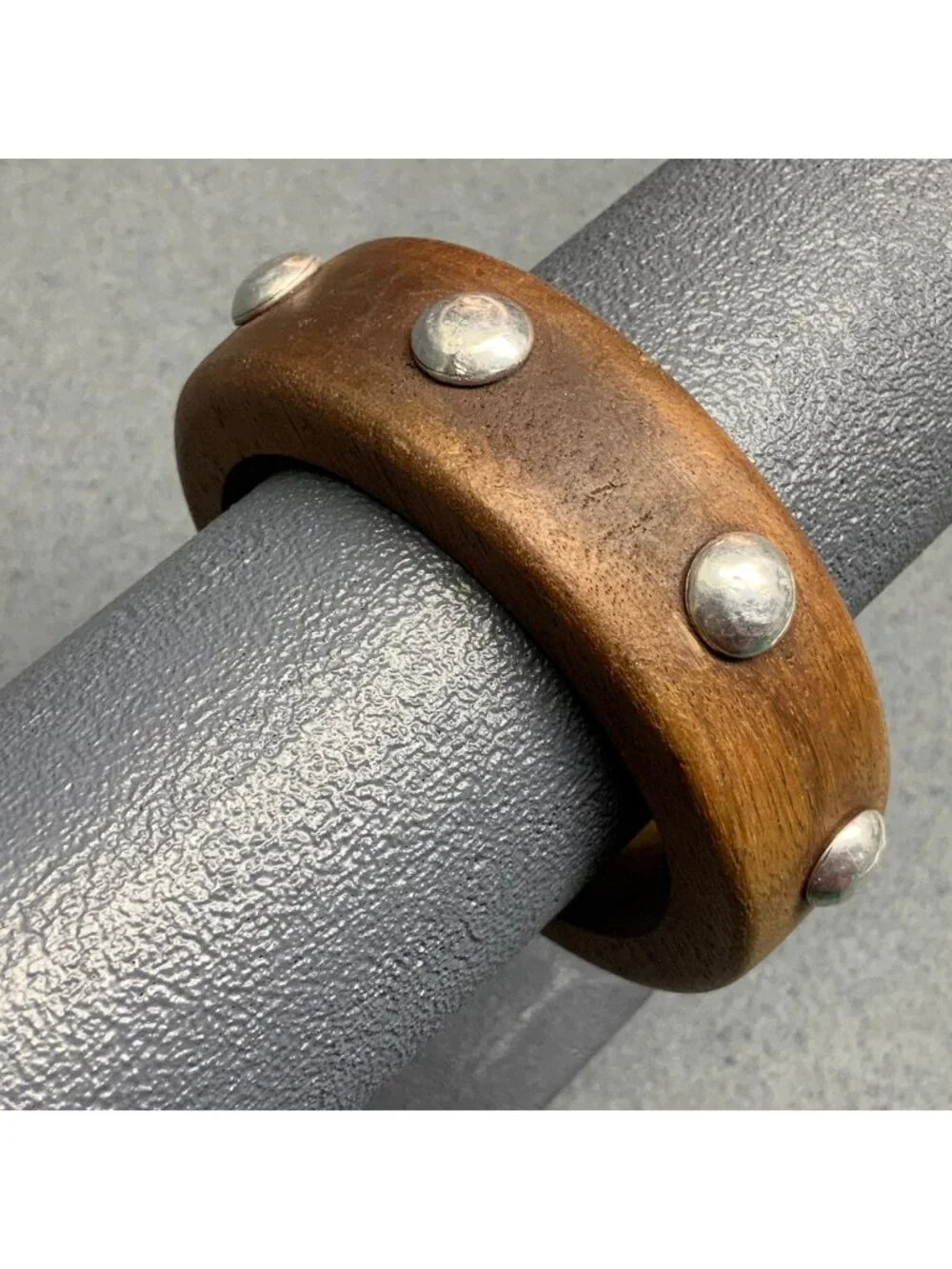 Chunky Wooden Bangle Bracelet 2.5 In As Is Retro Brown Silver Studs Rustic Punk